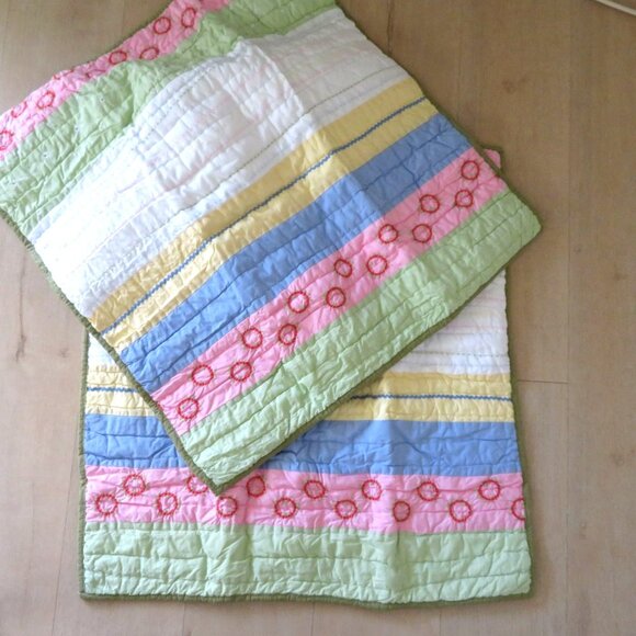 Vintage Pottery Barn Kids Quilted Shams 2 Stripe Flower Pastel 26"x 26" Cotton - Picture 3 of 10